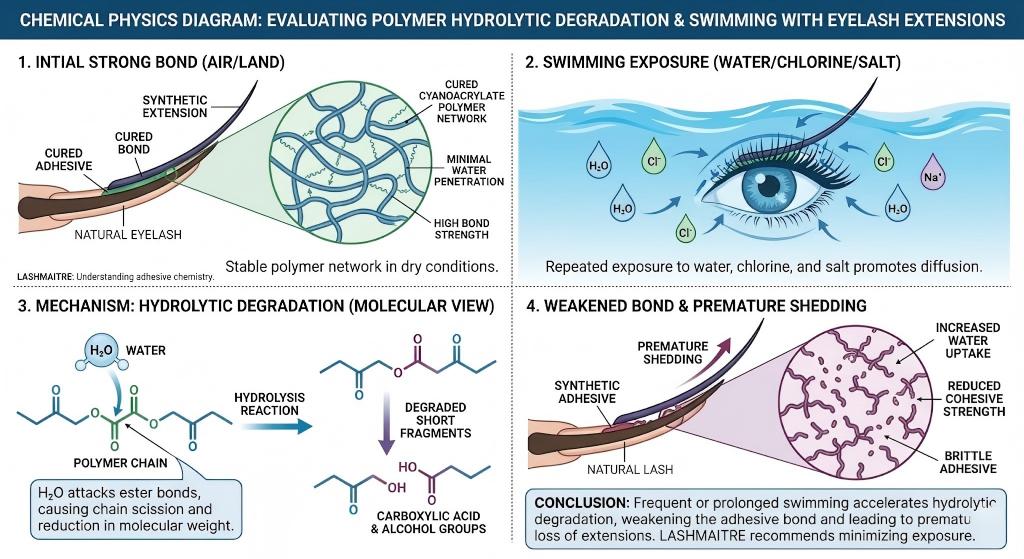 A scientific chemical physics diagram by LASHMAITRE. The multi-panel illustrative infographic explains can you swim in eyelash extensions by evaluating polymer hydrolytic degradation. Section 1 shows a strong, entangling cyanoacrylate polymer network on land with high bond strength. Section 2 shows the eye exposed to water (H₂O), chlorine, and mechanical stress while swimming. Section 3 details the molecular mechanism: 'HYDROLYTIC DEGRADATION' where water molecules diffuse and attack the polymer chains, causing 'POLYMER CHAIN SCISSION' and breaking long chains into short, degraded fragments. Section 4 shows a weakened, damaged bond after swimming with a fragmented network, leading to premature shedding and low bond strength. Illustrative chemical structures, 3D callouts, flow arrows, and color coding guide the explanation. 'LASHMAITRE' is integrated as text only within specific educational elements.