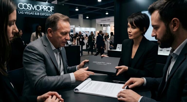A stark, cinematic photograph capturing an intense negotiation at the Cosmoprof Las Vegas B2B exhibition; a master distributor reviewing a bespoke, matte-black OEM lash tray, finalizing an exclusive regional supply chain contract with LASHMAITRE executives.