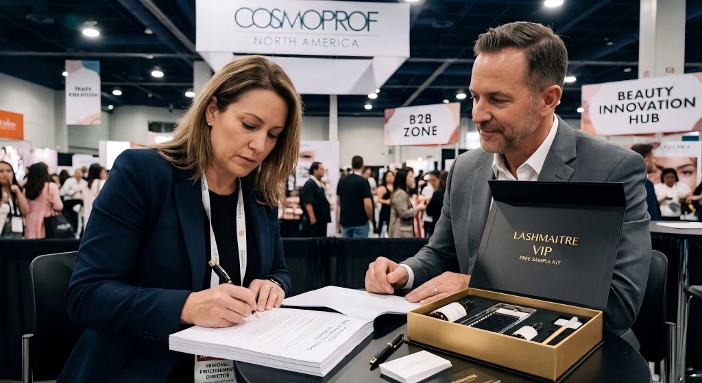 An intense B2B negotiation captured at the Cosmoprof North America exhibition; a regional procurement director finalizing a high-value OEM contract after unboxing a meticulously branded LASHMAITRE VIP Free Sample Kit.