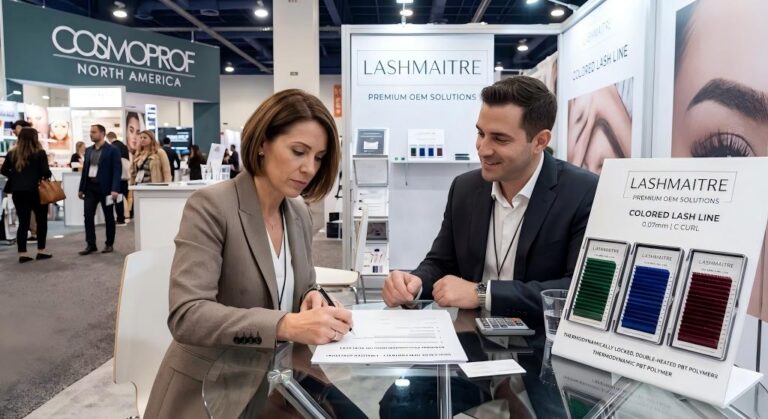 An intense negotiation captured at the Cosmoprof North America B2B exhibition, showing a regional procurement director finalizing a high-value OEM contract for a proprietary colored lash line featuring thermodynamically locked, double-heated PBT polymers.