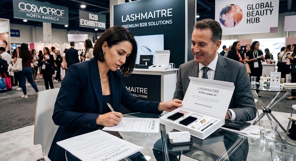 An intense negotiation captured at the Cosmoprof North America B2B exhibition; a regional procurement director finalizing a high-value OEM contract after unboxing a LASHMAITRE VIP Free Sample Kit, securing a proprietary line to bypass the commoditized