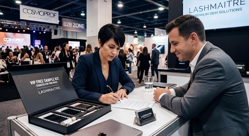 A candid photograph from the Cosmoprof North America B2B exhibition (visible on signs and 'B2B ZONE'), where a female regional procurement director signs a high-value OEM contract. A male LASHMAITRE executive smiling, observes. The woman has just unboxing and is reviewing a 'VIP FREE SAMPLE KIT - CURATED FOR PARTNERS - LASHMAITRE', confirming her commitment to securing a proprietary lash line for East Coast market domination.