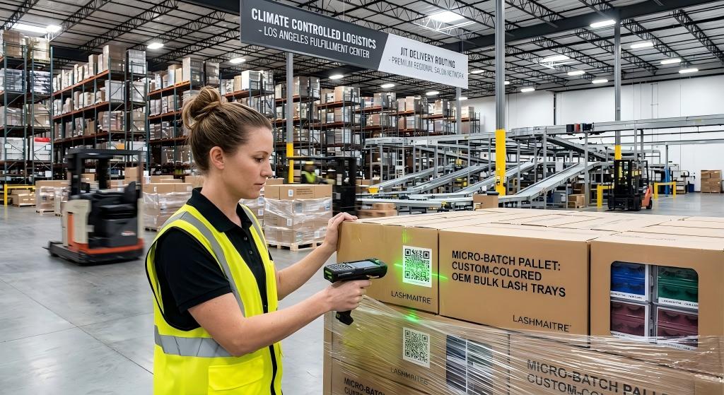 A highly dynamic logistics shot inside a climate-controlled Los Angeles fulfillment center: A warehouse logistics manager utilizing a smart barcode scanner to verify a micro-batch pallet of custom-colored OEM bulk lash trays, guaranteeing rapid JIT delivery for a premium regional salon network.