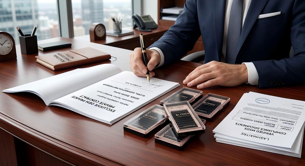 A regional procurement director signing an exclusive OEM private label contract resting on a mahogany desk, surrounded by bespoke, minimalist "Blonde Series" lash trays and verified MSDS compliance documents, signaling elite B2B brand architecture.