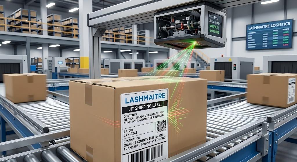 A dynamic macro shot of a smart laser scanner instantly processing a JIT shipping label on a thermal-insulated carton of medical-grade cyanoacrylate at a Los Angeles fulfillment center, verifying expedited routing to an Orange County B2B salon franchise.