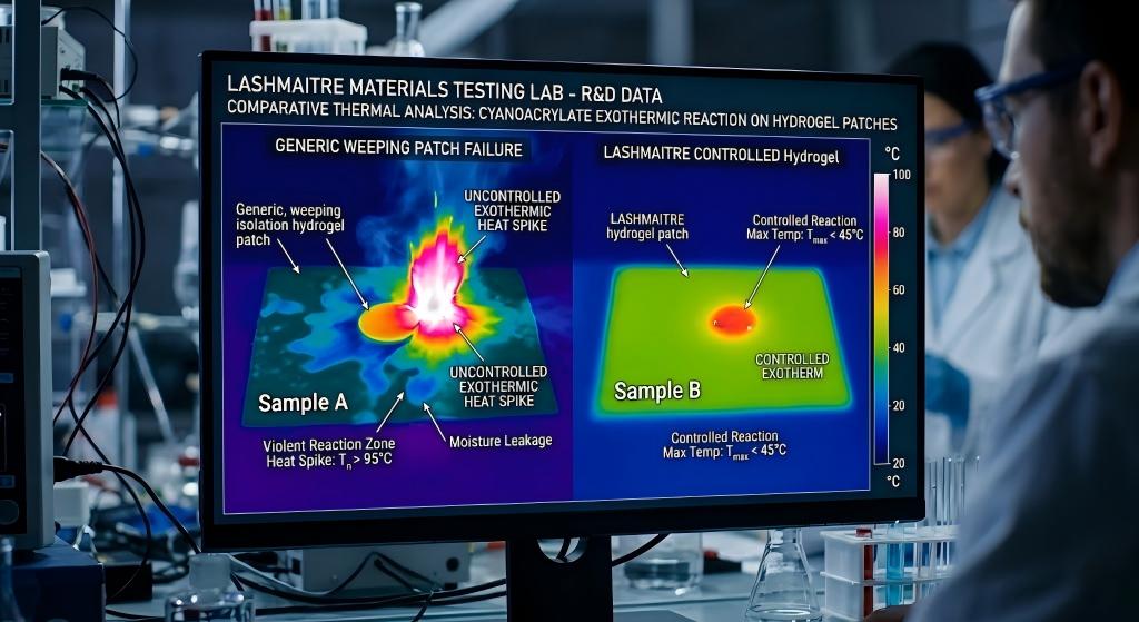 A high-contrast thermal imaging screen inside an R&D laboratory demonstrating the uncontrolled exothermic heat spike of cyanoacrylate reacting violently with the unregulated moisture leaking from a generic, weeping isolation hydrogel patch.

Title: Exothermic Heat Spike R&D Thermal Analysis