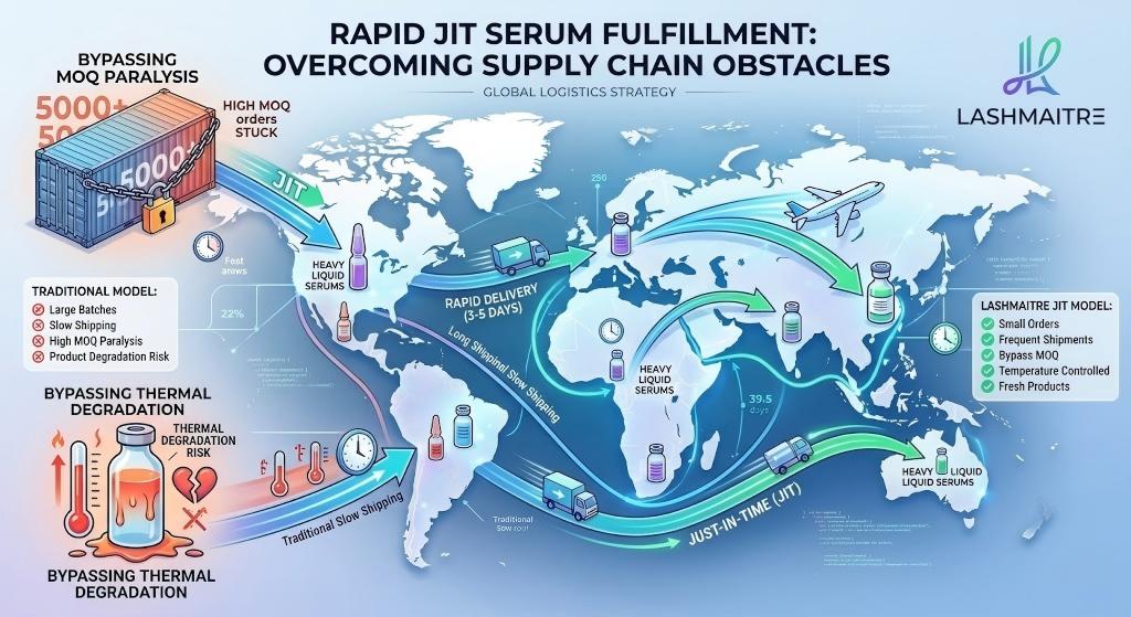 An informative global logistics map contrasted by a blue Traditional Model route and a green LASHMAITRE Just-In-Time (JIT) Model route. The map illustrates how rapid JIT fulfillment (3-5 day delivery) for heavy liquid serums effectively bypasses the critical bottlenecks of MOQ paralysis (Minimum Order Quantity unit locks) and thermal degradation risks during extended transit.