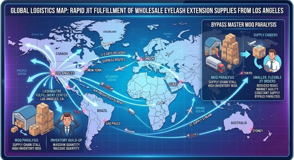 [⚠️ Alt Tag:] Global logistics map demonstrating rapid JIT fulfillment of wholesale eyelash extension supplies from Los Angeles to bypass master MOQ paralysis