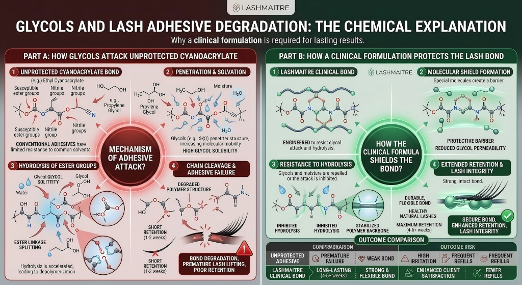 A detailed chemical diagram infographic explaining how glycols degrade unprotected lash adhesives through solvation and hydrolysis, contrasting this with how a Lashmaitre clinical formulation creates a molecular shield to protect the bond and natural lash integrity.