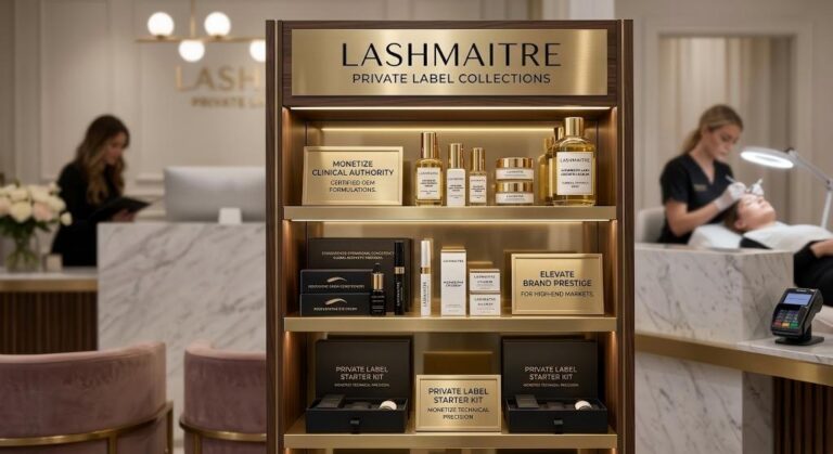 A refined LASHMAITRE Private Label Collections vertical display within a high-end salon, featuring gold-accented packaging for clinical-grade serums, brow conditioners, eye creams, and standardized starter kits, explicitly designed to help beauty franchises monetize clinical authority and elevate brand prestige in high-end markets.