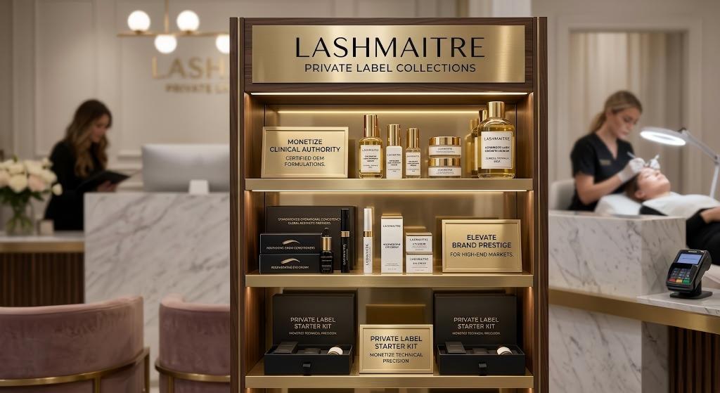 A refined LASHMAITRE Private Label Collections vertical display within a high-end salon, featuring gold-accented packaging for clinical-grade serums, brow conditioners, eye creams, and standardized starter kits, explicitly designed to help beauty franchises monetize clinical authority and elevate brand prestige in high-end markets.