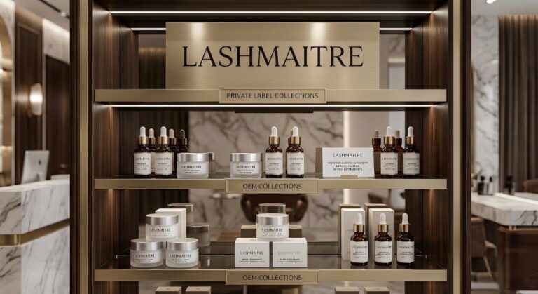 A luxurious, well-lit vertical retail display within a high-end salon reception, featuring a range of [LASHMAITRE] branded premium OEM private label skincare products (Revitalizing Serums and Day Creams) in sophisticated glass and cream packaging, organized to help aesthetic partners monetize technical technical authority and command brand prestige.
