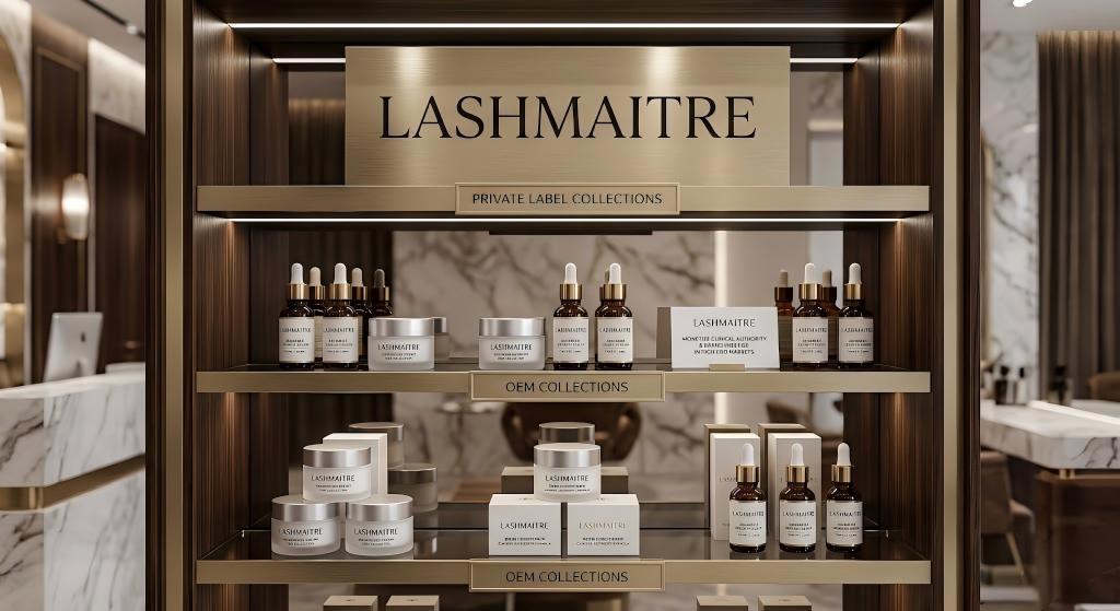A luxurious, well-lit vertical retail display within a high-end salon reception, featuring a range of [LASHMAITRE] branded premium OEM private label skincare products (Revitalizing Serums and Day Creams) in sophisticated glass and cream packaging, organized to help aesthetic partners monetize technical technical authority and command brand prestige.