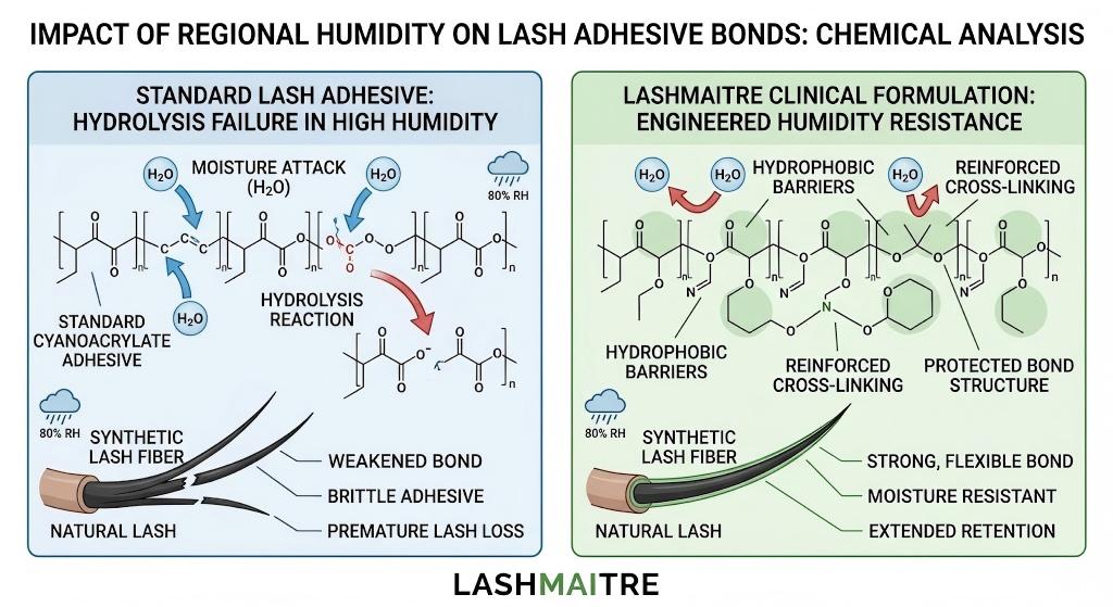 Chemical analysis infographic comparing standard lash adhesive vs. LashMaitre clinical formulation in 80% RH humidity. Shows standard adhesive suffering from H2O moisture attack and hydrolysis failure, resulting in a brittle bond and premature lash loss. The LashMaitre formulation demonstrates engineered resistance using hydrophobic barriers and reinforced cross-linking to protect the bond structure, creating a strong, flexible bond with extended retention.