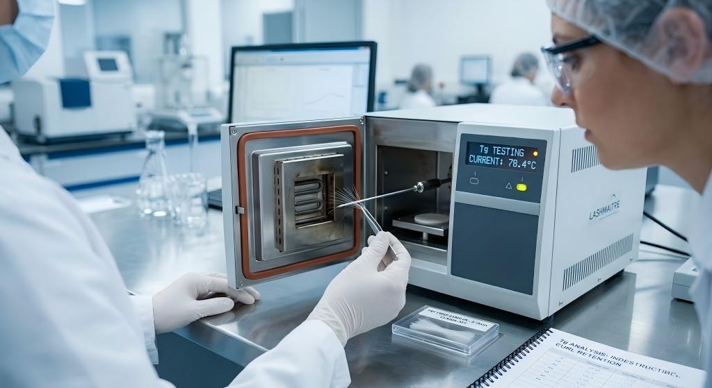 A QC engineer in a sterile laboratory using a specialized thermal chamber to test the Glass Transition Temperature (Tg) of 0.15mm individual PBT fibers designed for the eyelash extensions classic set, ensuring indestructible curl retention for B2B salons.