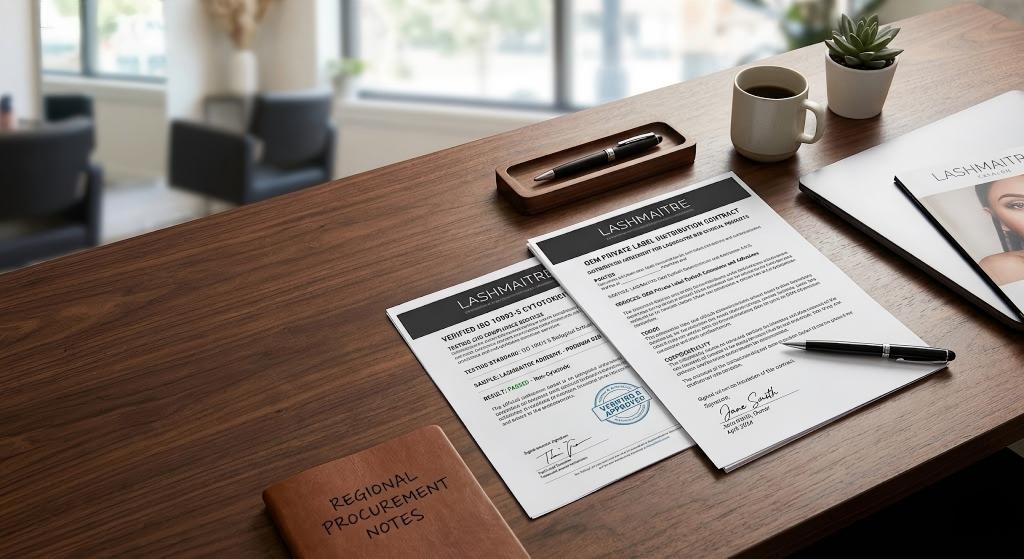 A regional salon owner's executive desk featuring a signed OEM private label distribution contract resting meticulously on top of a verified ISO 10993-5 cytotoxicity report, showcasing elite clinical B2B branding and rigorous safety compliance.