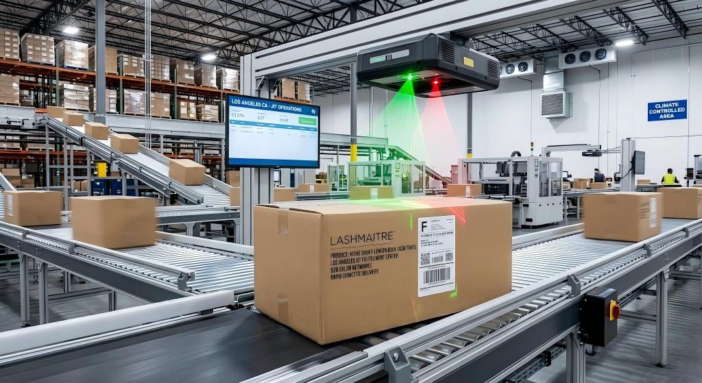 A dynamic logistics sequence: A smart barcode scanner processing a heavy carton of niche, short-length bulk lash trays on an automated conveyor belt inside a climate-controlled Los Angeles JIT fulfillment center, ensuring rapid domestic delivery for B2B salon networks.