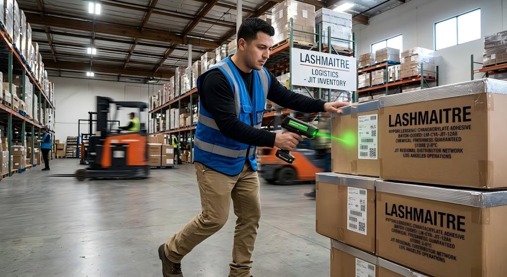 A dynamic logistics sequence: A Los Angeles warehouse worker utilizing a smart laser scanner to process batch-coded, thermal-insulated cartons of hypoallergenic cyanoacrylate, ensuring pristine JIT delivery and chemical freshness for regional distributors.