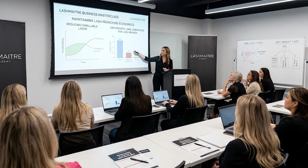Masterclass lash educator teaching franchise economics, unbillable labor reduction, and OEM private label strategies to regional salon owners.