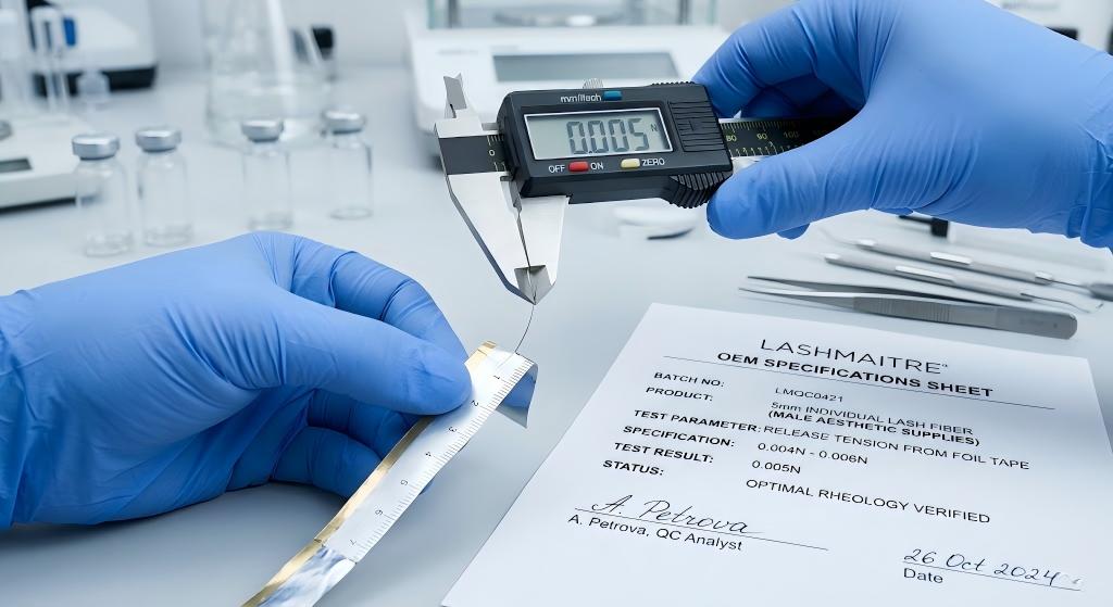 Close-up macro photography inside a QC laboratory: A gloved hand utilizing a high-precision digital caliper to measure the exact release tension of a 5mm individual lash fiber from a calibrated foil-backed tape strip, alongside a signed OEM specifications sheet verifying optimal rheology for male aesthetic supplies.