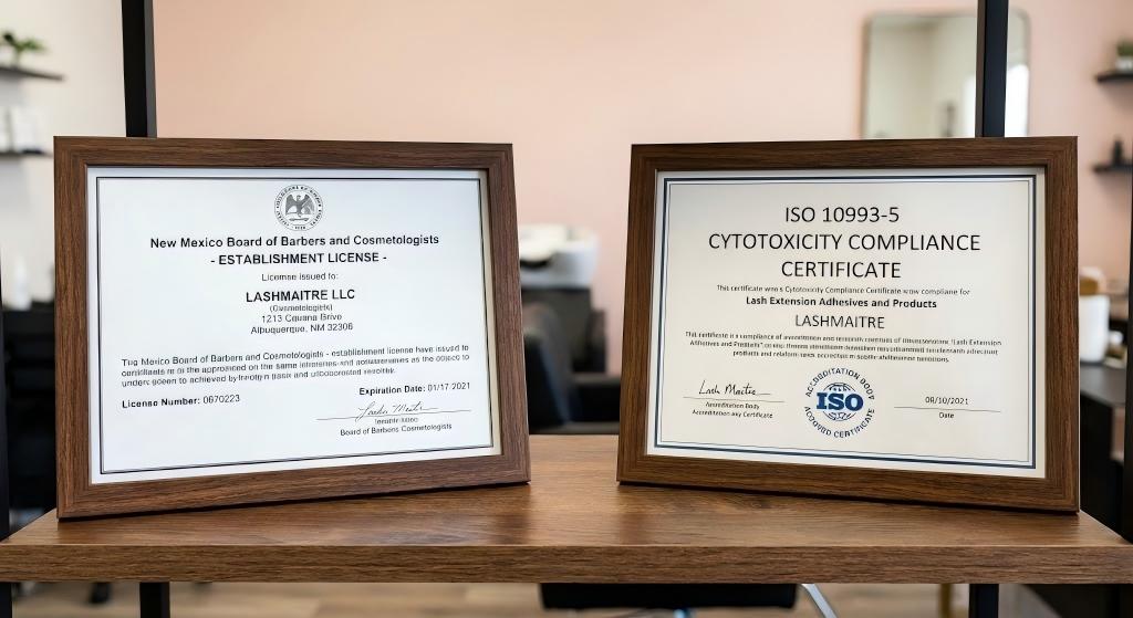 Two framed professional certificates displayed on a wooden shelf in a bright, modern Albuquerque salon. The left frame shows a 'New Mexico Board of Barbers and Cosmetologists Establishment License' issued to LASHMAITRE LLC. The right frame displays an 'ISO 10993-5 Cytotoxicity Compliance Certificate' for LASHMAITRE lash extension products.eyelash extensions abq nm