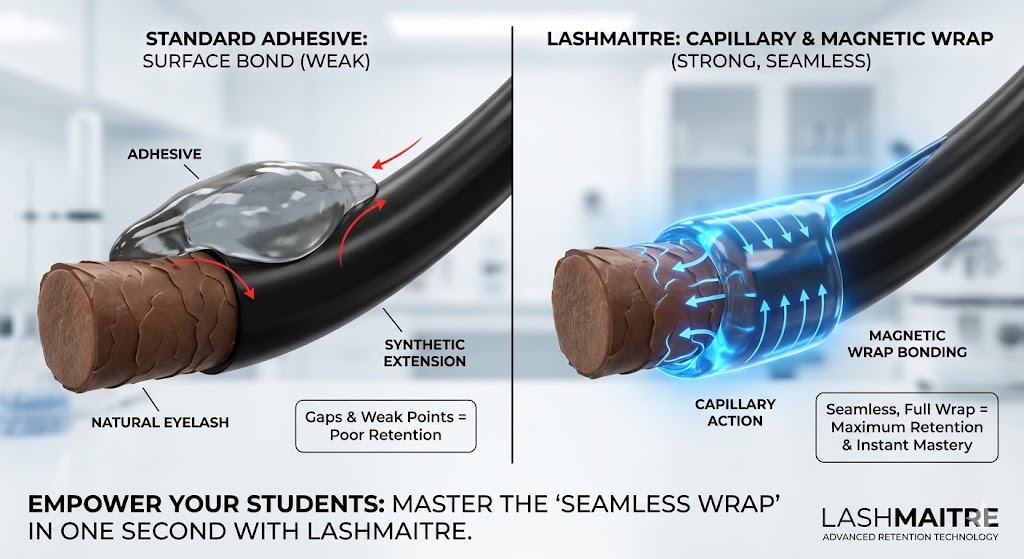 A technical 3D microscopic cross-section diagram comparing standard adhesive bonding with LASHMAITRE adhesive bonding. The diagram is split into two panels. The left panel shows 'Standard Adhesive' creating a weak, uneven surface bond with gaps between the natural lash and extension. The right panel demonstrates 'LASHMAITRE Adhesive' utilizing 'Capillary Action' and 'Magnetic Wrap Bonding' to seamlessly flow and wick into the natural lash cuticle, completely enveloping it. Microscopic arrows illustrate the fluid dynamics. A caption at the bottom addresses lash academy directors regarding instant student mastery.
