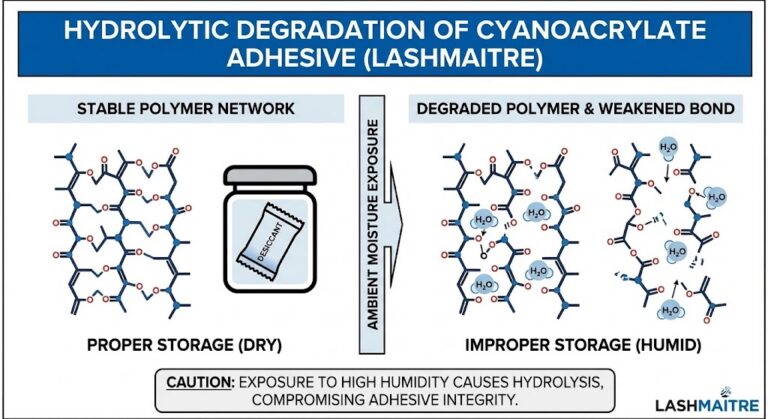A scientific diagram on a white background with a blue title banner: 'HYDROLYTIC DEGRADATION OF CYANOACRYLATE ADHESIVE (LASHMAITRE)'. The image is a two-panel illustration. The left panel, labeled 'PROPER STORAGE (DRY)', shows tightly bonded polymer chains under the heading 'STABLE POLYMER NETWORK'. It includes an icon of a sealed container with a 'DESICCANT' packet. The right panel, labeled 'IMPROPER STORAGE (HUMID)', displays fragmented polymer chains. Water molecule icons (H₂O) are shown inserting themselves into and breaking the chemical bonds, under the heading 'DEGRADED POLYMER & WEAKENED BOND'. An arrow between the panels indicates 'AMBIENT MOISTURE EXPOSURE'. A caution box at the bottom summarizes the effect. The LASHMAITRE logo is in the bottom right corner.
