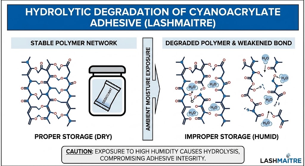 A scientific diagram on a white background with a blue title banner: 'HYDROLYTIC DEGRADATION OF CYANOACRYLATE ADHESIVE (LASHMAITRE)'. The image is a two-panel illustration. The left panel, labeled 'PROPER STORAGE (DRY)', shows tightly bonded polymer chains under the heading 'STABLE POLYMER NETWORK'. It includes an icon of a sealed container with a 'DESICCANT' packet. The right panel, labeled 'IMPROPER STORAGE (HUMID)', displays fragmented polymer chains. Water molecule icons (H₂O) are shown inserting themselves into and breaking the chemical bonds, under the heading 'DEGRADED POLYMER & WEAKENED BOND'. An arrow between the panels indicates 'AMBIENT MOISTURE EXPOSURE'. A caution box at the bottom summarizes the effect. The LASHMAITRE logo is in the bottom right corner.