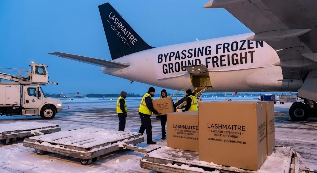 A snowy airport tarmac scene at dusk where ground crew load LASHMAITRE branded boxes of eyelash extensions destined for Bloomington, IN onto a cargo plane adorned with a banner reading 'BYPASSING FROZEN GROUND FREIGHT'.
