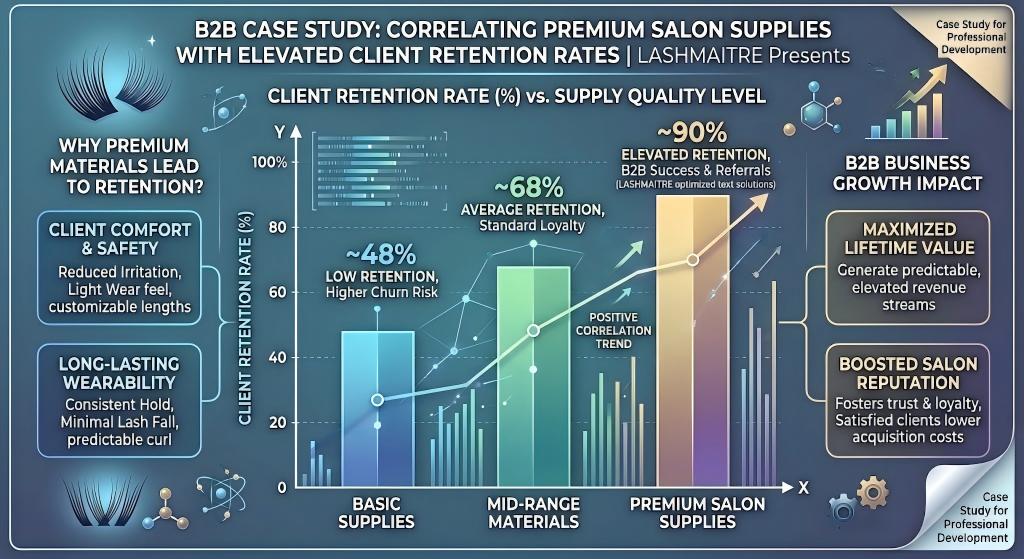 A modern scientific B2B infographic titled 'B2B CASE STUDY: CORRELATING PREMIUM SALON SUPPLIES WITH ELEVATED CLIENT RETENTION RATES | LASHMAITRE Presents'. The main component is a conceptual bar chart contrasting modeled scenarios. The vertical axis is 'CLIENT RETENTION RATE (%)' (0-100), and the horizontal axis is 'SUPPLY QUALITY LEVEL'. Three stylized vertical bars represent hypothetical data: 'BASIC SUPPLIES' (~48% Retention, labeled 'Low Retention, High Churn Risk'), 'MID-RANGE MATERIALS' (~68% Retention, 'Average Retention, Standard Loyalty'), and 'PREMIUM SALON SUPPLIES' (~90% Retention, 'Elevated Retention, B2B Success & Referrals'). An upward trend arrow, 'Positive Correlation Trend', connects the bars. Surrounding callout panels detail technical benefits and business impact, preventing repeated content: 'Client Comfort & Safety (Reduced Irritation, Light Wear)', 'Long-Lasting Wearability (Consistent Hold, Minimal Lash Fall)', 'Maximized Lifetime Value (Predictable Revenue Streams)', 'Boosted Salon Reputation (Fosters Trust & Loyalty)'. Scientific icons, data points, network lines, and growth arrows create a detailed educational aesthetic, all in clean English. No logos are used.
