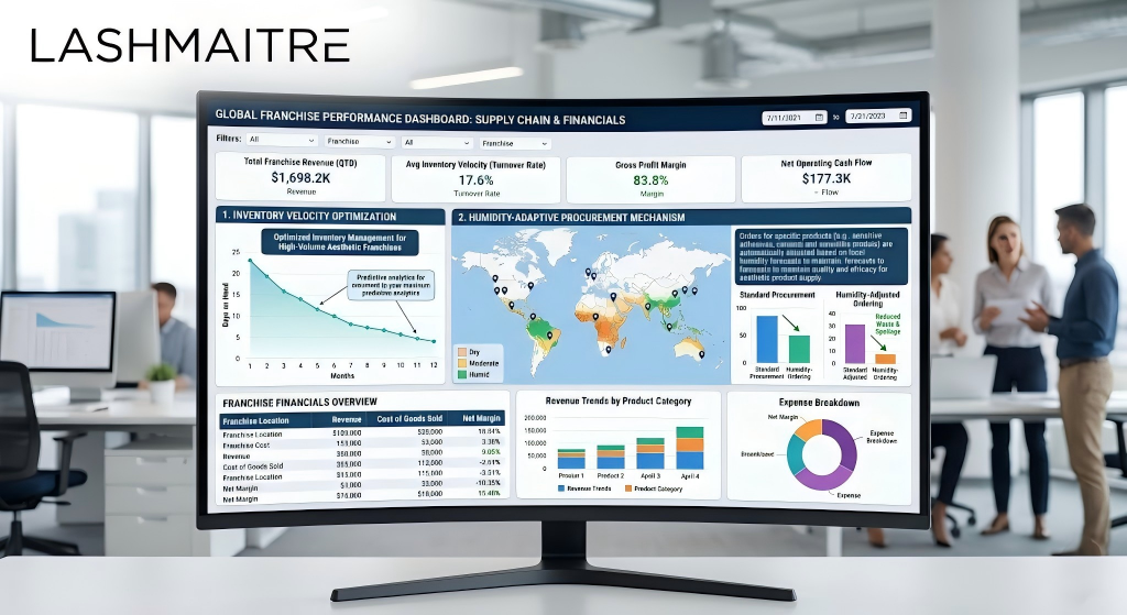 Professional B2B financial dashboard demonstrating optimized inventory velocity and humidity-adaptive procurement for high-volume aesthetic franchises.