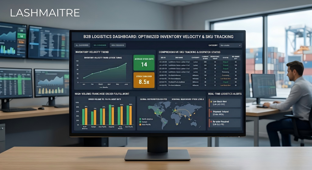 Professional B2B logistics dashboard demonstrating optimized inventory velocity and comprehensive SKU tracking for high-volume aesthetic franchises, featuring real-time data visualizations of supply chain metrics.
