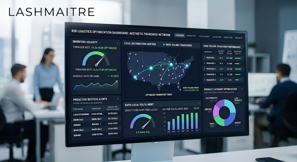 Professional B2B logistics dashboard demonstrating optimized inventory velocity and rapid local fulfillment for high-volume aesthetic franchises.