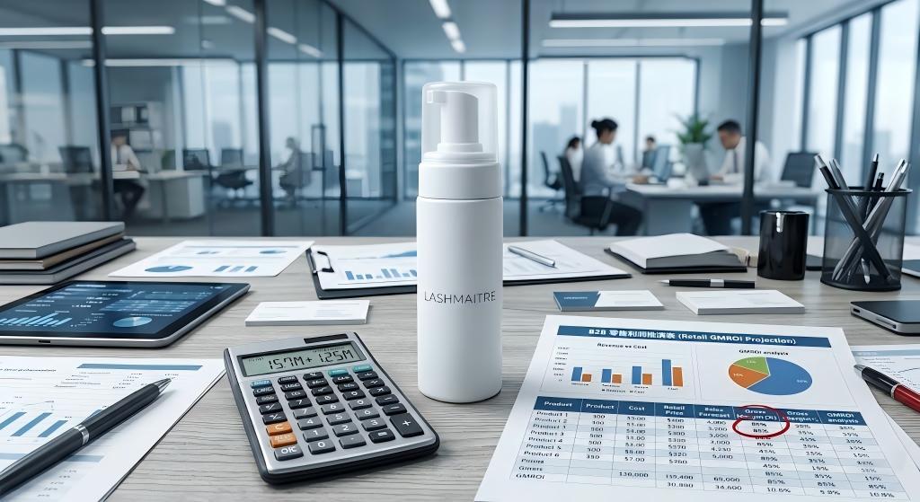 Financial GMROI projection spreadsheet next to a premium minimalist private label oil free eyelash extension cleanser