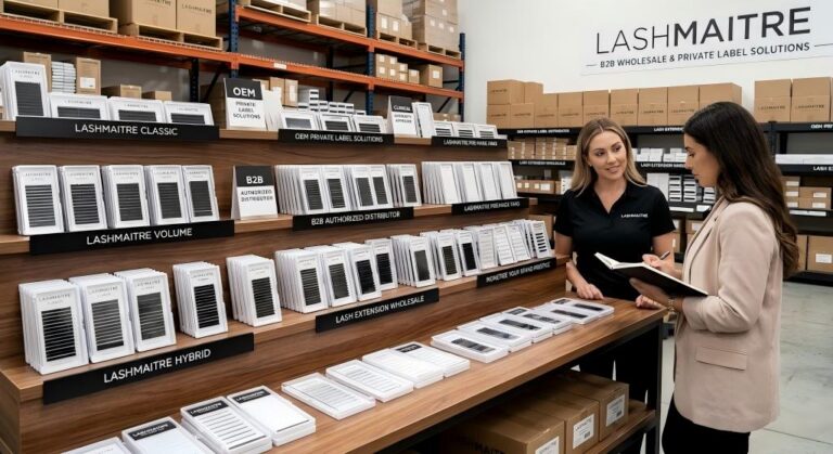 Photograph inside a modern LASHMAITRE B2B wholesale and private label lash extension facility. A LashMaitre representative in a black shirt consults with a business partner in a pink blazer holding a notebook. The curated display table features multiple rows of premium OEM lash trays categorized as 'Classic,' 'Volume,' and 'Hybrid.' Visible signs mention 'Clinical Authority Approved' and 'Monetize Your Brand Prestige.' Stacked warehouse shelves fill the background.