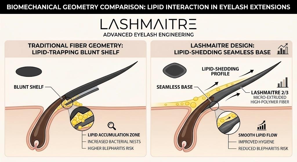A biomechanical engineering comparison diagram by LASHMAITRE. It contrasts standard blunt-base lash extensions (which trap yellow lipid globules, increasing bacterial risk and blepharitis danger) with LASHMAITRE's advanced 2/3 micro-extruded high-polymer high-polymer fibers (which feature a lipid-shedding seamless base for smooth flow, improved hygiene, and reduced blepharitis risk). Anatomical cross-sections, magnified close-ups of the bonding zones, and lipid flow arrows guide the explanation. 'LASHMAITRE' is present as text branding.