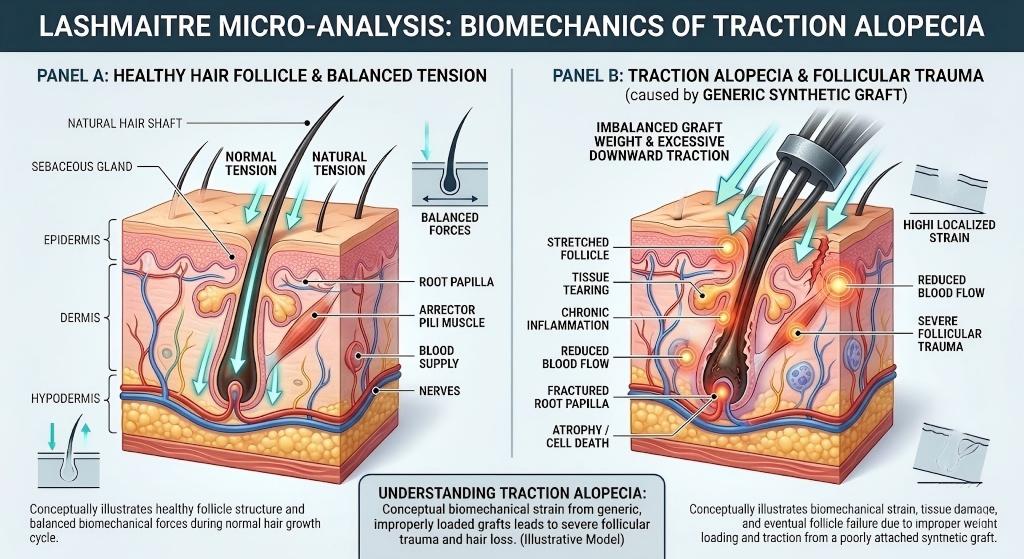 A comparative clinical biomechanical infographic by LASHMAITRE. The top banner reads: 'MICRO-ANALYSIS: BIOMECHANICS OF TRACTION ALOPECIA'. Panel A displays a healthy human hair follicle embedded in skin layers (epidermis, dermis, hypodermis). Natural hair structure includes the Sebaceous Gland, Root Papilla, Arrector Pili Muscle, Blood Supply, and Nerves. Arrows indicate 'NORMAL TENSION', 'NATURAL TENSION', and a conceptual diagram shows 'BALANCED FORCES'. Panel B contrasts this healthy state with 'TRACTION ALOPECIA & FOLLICULAR TRAUMA caused by GENERIC SYNTHETIC GRAFT'. Panel B illustrates an imbalanced, poorly attached synthetic graft with generic thick fibers creating a 'Weight Discrepancy Issue' and excessive tension, marked by large red and orange arrows pointing to 'IMBALANCED GRAFT WEIGHT & EXCESSIVE DOWNWARD TRACTION'. Highlights show specific tissue damage: 'STRETCHED FOLLICLE', 'TISSUE TEARING', 'CHRONIC INFLAMMATION', 'REDUCED BLOOD FLOW', 'FRACTURED ROOT PAPILLA', 'ATROPHY / CELL DEATH', 'SEVERE FOLLICULAR TRAUMA', and 'HIGH LOCALIZED STRAIN'. A central callout text block confirms: 'Conceptually illustrates biomechanical strain, tissue damage, and eventual follicle failure due to improper weight loading and traction from a poorly attached synthetic graft.'