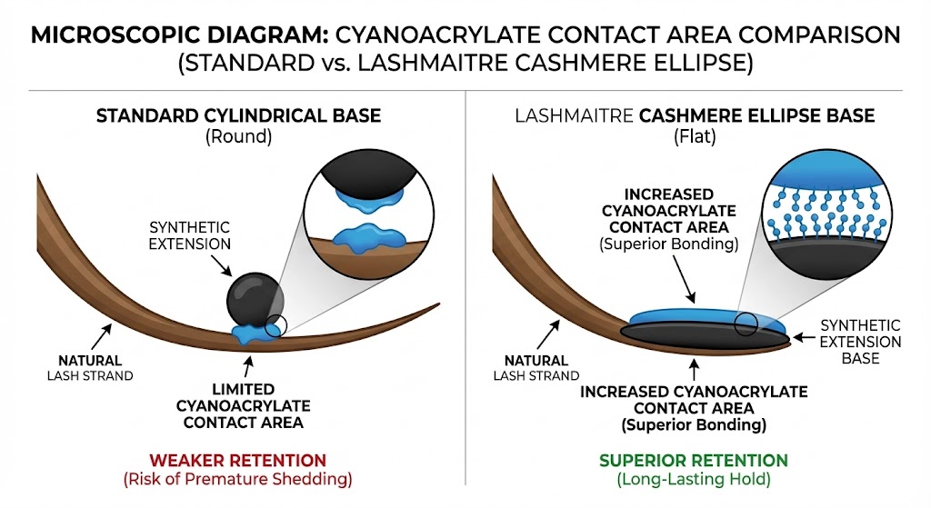 A microscopic comparative diagram by LASHMAITRE. The left panel shows a standard cylindrical base on a natural lash with minimal adhesive contact. The right panel demonstrates the LASHMAITRE cashmere ellipse base, which has a flattened contact zone, increasing the cyanoacrylate contact area for superior bonding and retention. Magnified insets show the adhesive molecular layers.