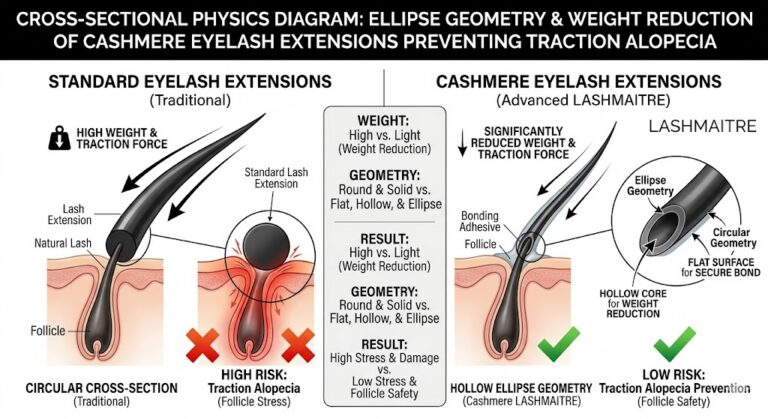 A technical cross-sectional physics diagram contrasting standard circular eyelash extensions with LASHMAITRE's cashmere ellipse extensions. It demonstrates how the hollow ellipse geometry reduces weight and traction force on the natural lash follicle, preventing traction alopecia. cashmere eyelash extensions