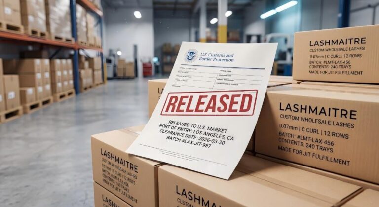 A hyper-detailed macro photograph of an official US Customs and Border Protection (CBP) clearance document stamped "RELEASED", dated March 30, 2026, for the port of Los Angeles. It rests on a pristine pallet of LASHMAITRE custom wholesale lash boxes inside our fulfillment center, validating JIT logistics capabilities.