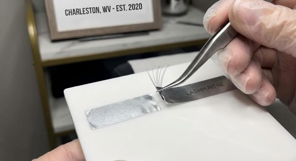 Surgical tweezers extracting a perfect volume fan from a foil backed tape strip ensuring zero residue for eyelash extensions charleston wv