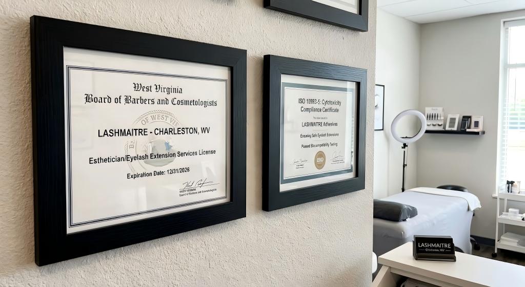 West Virginia Board license and ISO cytotoxicity compliance certificate ensuring safe eyelash extensions charleston wv