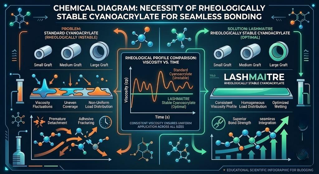 A comparative chemical diagram titled 'CHEMICAL DIAGRAM: NECESSITY OF RHEOLOGICALLY STABLE CYANOACRYLATE FOR SEAMLESS BONDING'. The top panel contrasts 'PROBLEM: STANDARD CYANOACRYLATE (RHEOLOGICALLY INSTABLE)' on the left, showing uneven orange and blue adhesive pooling with gaps and poor wetting on Small, Medium, and Large Grafts, leading to 'Viscosity Fluctuations', 'Premature Detachment', and 'Adhesive Fracturing'. On the right, 'SOLUTION: LASHMAITRE RHEOLOGICALLY STABLE CYANOACRYLATE (OPTIMAL)' demonstrates smooth, consistent green-teal coverage on all three graft sizes, enabling 'Consistent Viscosity Profile', 'Homogeneous Load Distribution', 'Optimized Wetting', 'Superior Bond Strength', and 'Seamless Integration'. A central line graph, 'RHEOLOGICAL PROFILE COMPARISON: VISCOSITY VS. TIME', contrasts the wavy, fluctuating orange line of 'Standard Cyanoacrylate (Unstable)' against the smooth, constant green line of 'LASHMAITRE Stable Cyanoacrylate (Optimal)', explicitly stating: 'CONSISTENT VISCOSITY ENSURES UNIFORM APPLICATION ACROSS ALL SIZES'. The figure uses bright teals, greens, oranges, and subtle glowing lines with molecular models and schematically robust bond icons.