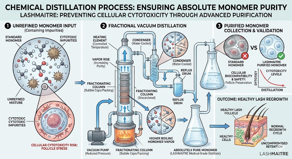 A comprehensive scientific educational diagram, titled 'CHEMICAL DISTILLATION PROCESS: ENSURING ABSOLUTE MONOMER PURITY', by LASHMAITRE. The multi-panel illustrated chart visualizes sequential steps to prevent cellular cytotoxicity during lash adhesive manufacturing. It starts with unrefined monomer input and moves through fractional vacuum distillation, highlighting advanced purification stages with 3D molecular callouts and flow arrows. Comparison microscopic cutaways detail 'STANDARD MONOMER' with cytotoxic impurities versus 'LASHMAITRE PURIFIED MONOMER' with a safe network and healthy cells. The final result showcases healthy follicle cross-sections with normal regrowth and uncompromised retention. A cytotoxicity level graph demonstrates dropping risk with distillation. Text 'LASHMAITRE' is present purely as branding purely as text, not as a pictorial logo symbol.
