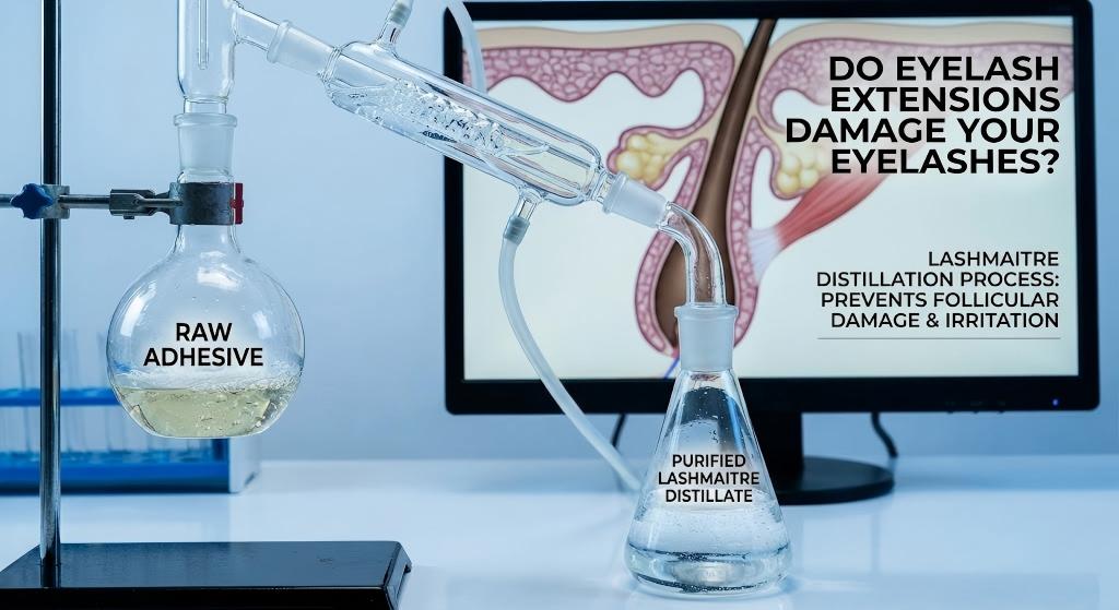 A laboratory setup of a glass distillation apparatus with a round flask containing bubbling yellowish liquid labeled 'RAW ADHESIVE'. It connects to a condenser tube, dripping purified clear liquid into a conical flask labeled 'PURIFIED LASHMAITRE DISTILLATE'. In the background, a large monitor displays a medical diagram of a hair follicle cross-section and text asking, 'DO EYELASH EXTENSIONS DAMAGE YOUR EYELASHES?' with the concluding text, 'LASHMAITRE DISTILLATION PROCESS: PREVENTS FOLLICULAR DAMAGE & IRRITATION.'