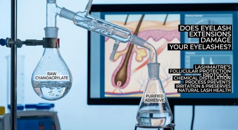 A laboratory chemical distillation apparatus with flasks labeled 'Raw Cyanoacrylate' and 'Purified Adhesive'. A monitor in the background displays a hair follicle diagram and text asking 'Does eyelash extensions damage your eyelashes?' with the answer: 'LASHMAITRE's Follicular Protection Protocol: Chemical distillation process prevents irritation & preserves natural lash health.'