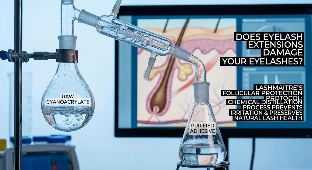 A laboratory chemical distillation apparatus with flasks labeled 'Raw Cyanoacrylate' and 'Purified Adhesive'. A monitor in the background displays a hair follicle diagram and text asking 'Does eyelash extensions damage your eyelashes?' with the answer: 'LASHMAITRE's Follicular Protection Protocol: Chemical distillation process prevents irritation & preserves natural lash health.'