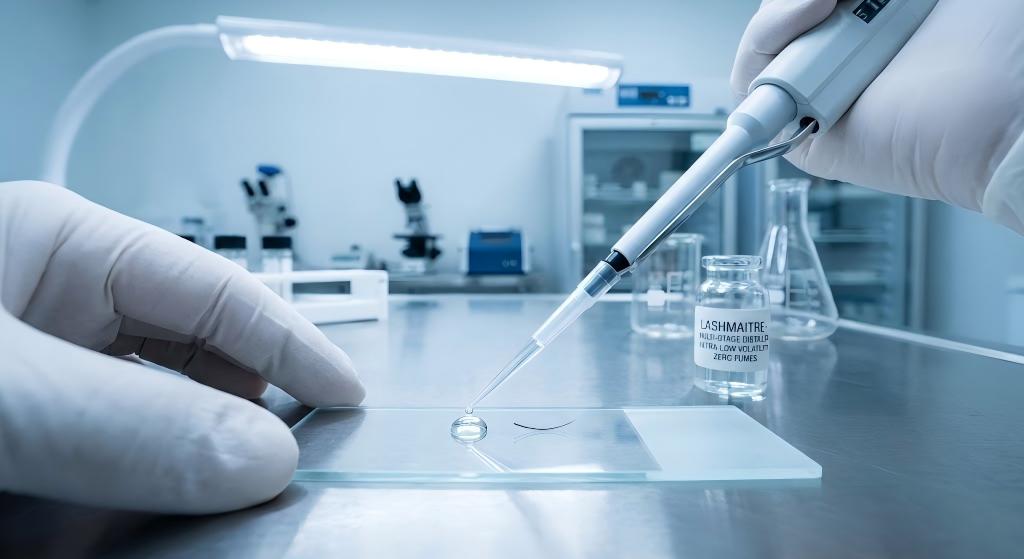 Clinical micro pipette dispensing low VOC cyanoacrylate preventing fumes for eyelash extensions lower lashes.