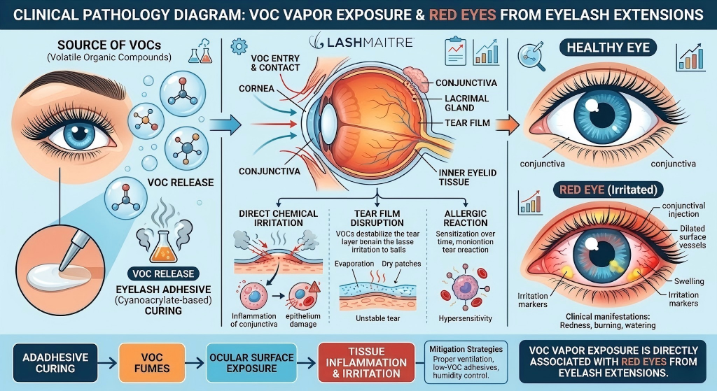 A comprehensive clinical pathology diagram provided by LASHMAITRE, illustrating the direct association between Volatile Organic Compound (VOC) vapor exposure released during eyelash adhesive curing and the development of red eyes in clients. It covers the VOC source, anatomical entry paths, three specific mechanisms of irritation (direct chemical, tear film disruption, allergic), and a visual comparison of a healthy eye versus a clinically defined red eye with manifestations like conjunctival injection and swelling, including flow summaries and mitigation strategies.