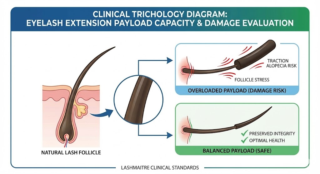 A medical trichology diagram illustrating the relationship between eyelash extension weight and lash health. It compares an 'Overloaded Payload' causing follicle stress and traction alopecia risk to a 'Balanced Payload' that preserves integrity, answering the question 'Does eyelash extensions damage your eyelashes?'